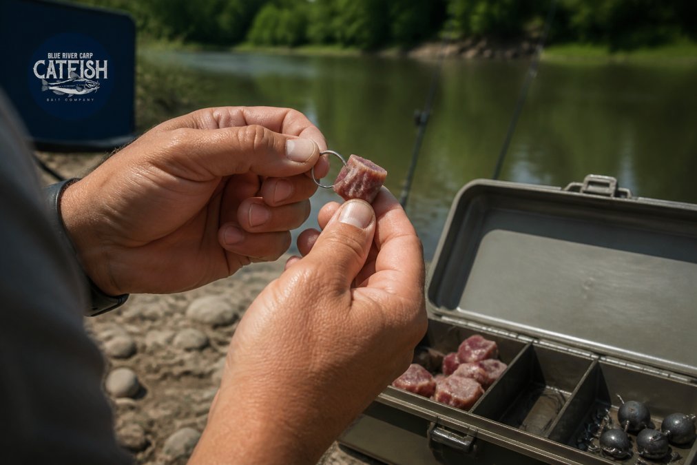 Angler threading a firm piece of cut bait onto a circle hook on a riverbank beside a tackle box