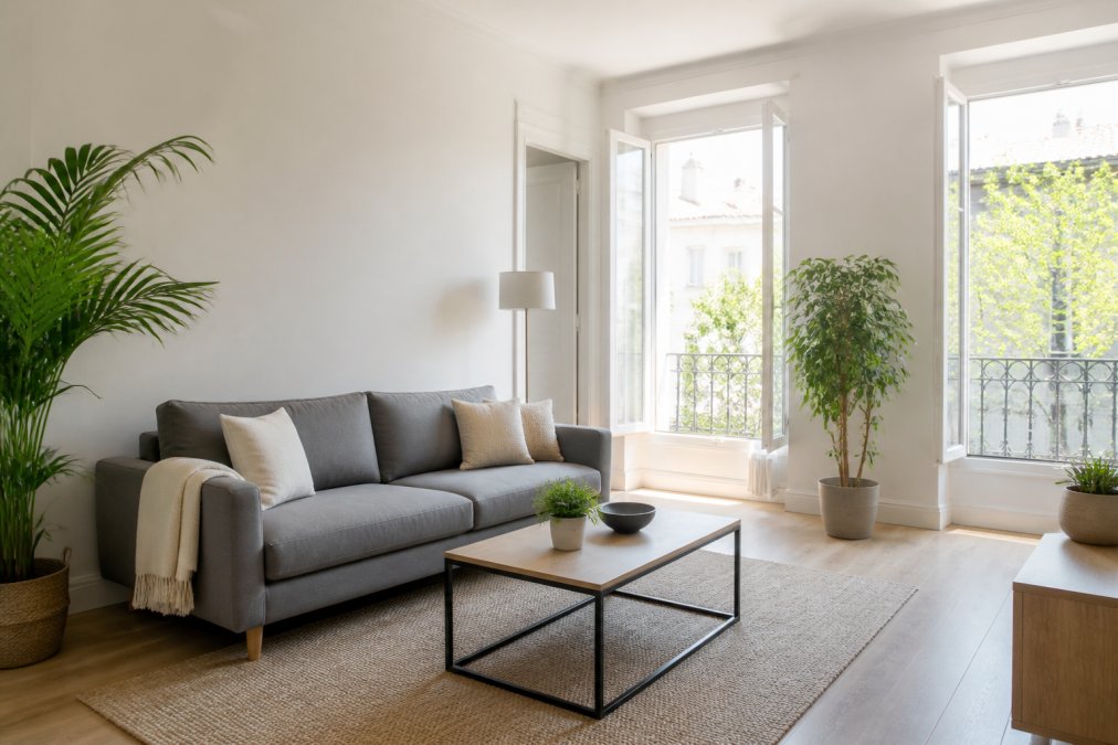 Salon lumineux avec canapé gris neutre, plantes vertes en pot, murs blanc cassé, fenêtres ouvertes laissant entrer la lumière naturelle, espace épuré sans objets personnels