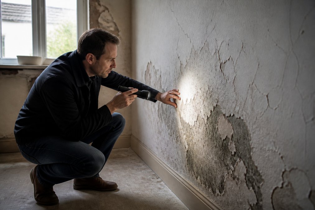 Acquéreur inspectant minutieusement les murs d'une pièce, vérifiant l'humidité et les fissures avec une lampe de poche, dans une maison ancienne éclairée par la lumière naturelle