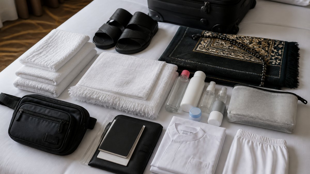 Vêtements ihram, sandales et accessoires pour préparer bagages Hajj organisés sur une surface blanche.