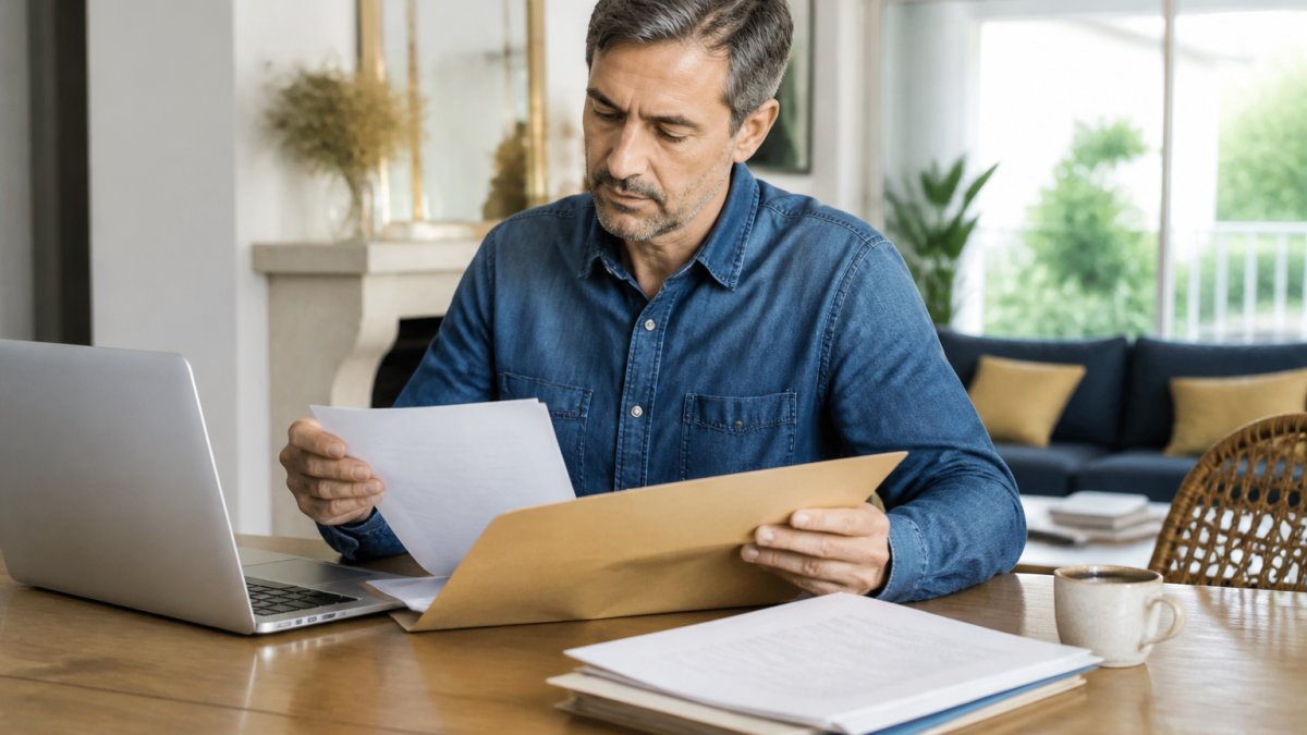 Un propriétaire assis à une table en bois, classant des documents administratifs dans une chemise cartonnée, avec un ordinateur portable ouvert et une tasse de café à côté, dans un salon lumineux