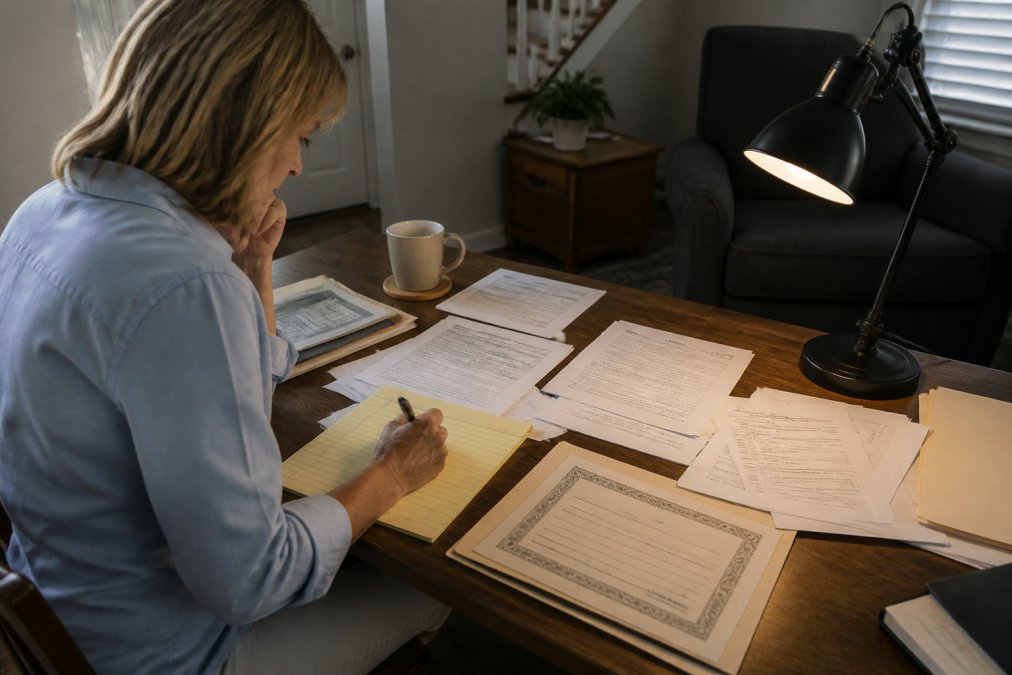 Out-of-state heir reviewing property documents and taking notes at a desk with a laptop, paperwork spread across the surface, and a property deed visible under desk lamp lighting