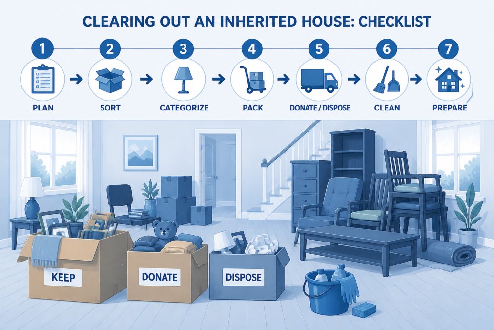 Interior of a home with organized boxes and items sorted into distinct piles, some marked for donation, others for disposal, furniture stacked neatly, showing the systematic estate liquidation and decluttering process in natural daylight