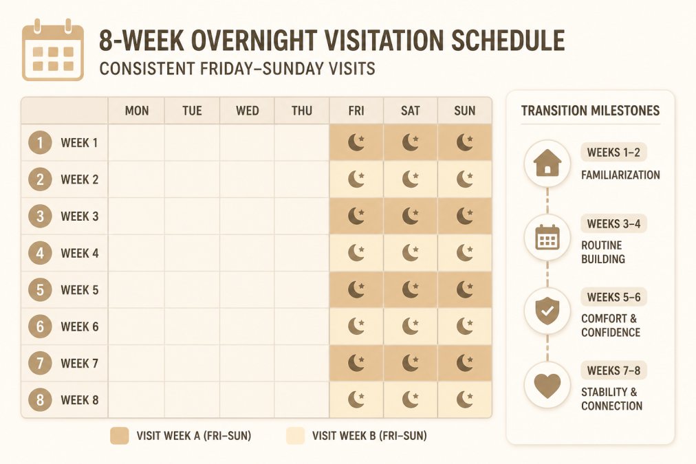 Eight-week calendar visualizing a consistent overnight custody visits schedule with recurring weekend patterns.
