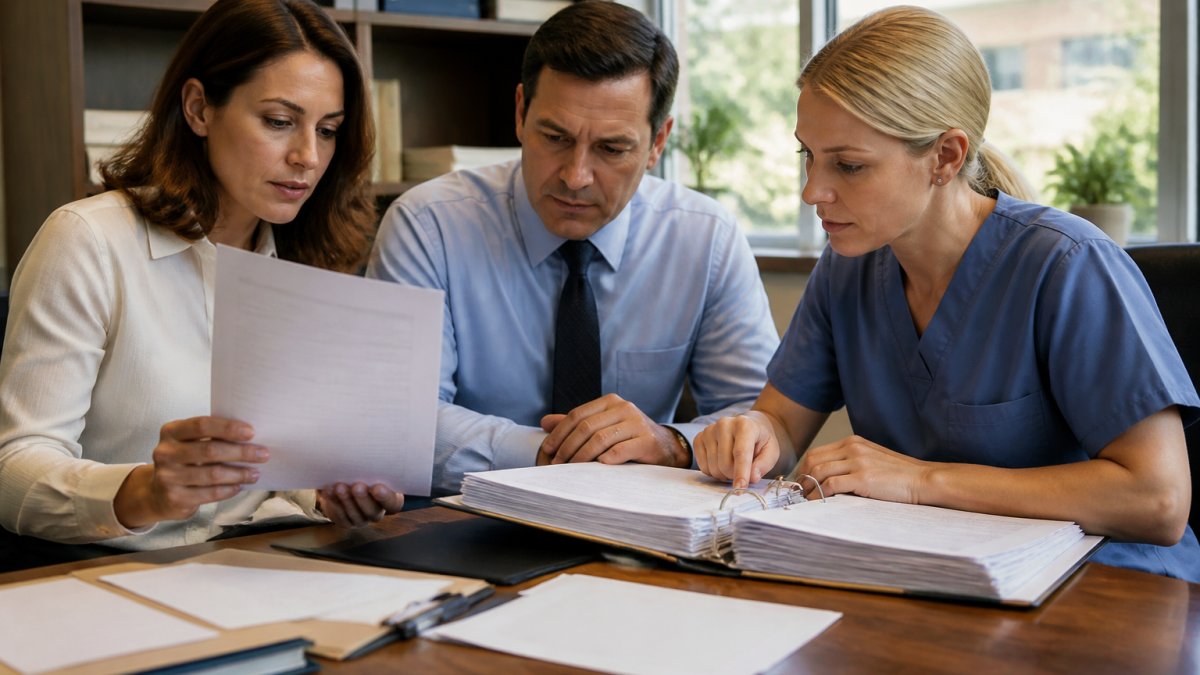 Healthcare compliance team members reviewing audit documents and medical records together in a professional office setting with natural lighting