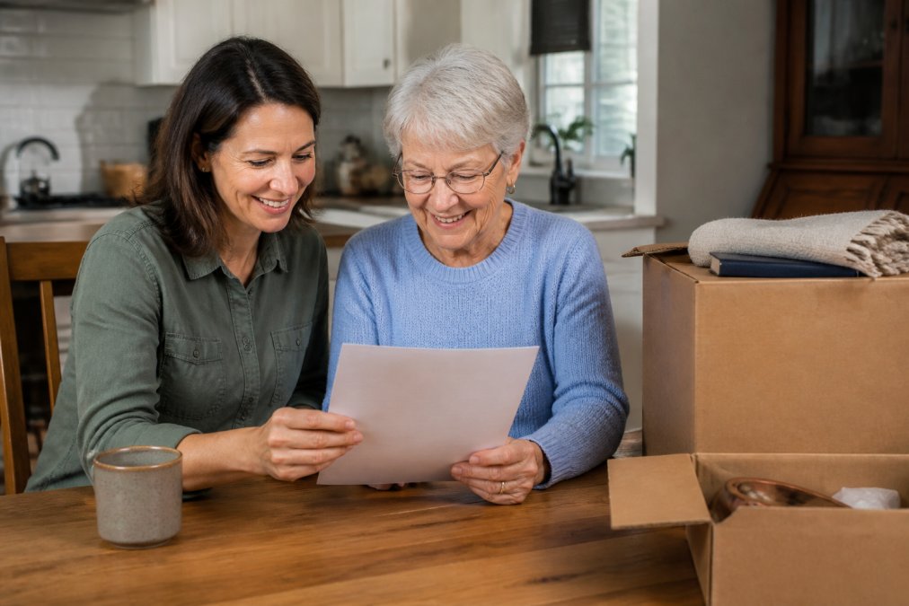 An adult daughter and her elderly mother sitting together at a kitchen table, reviewing a paper checklist and smiling, with a few packed boxes nearby in a warm home setting