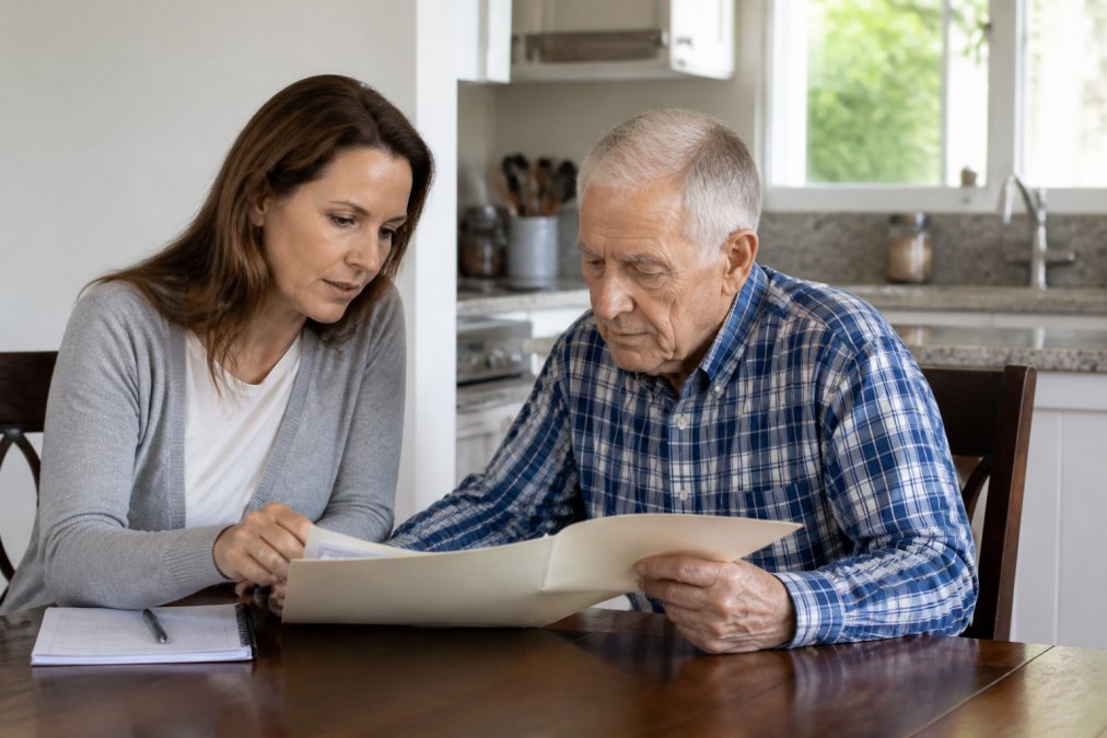 Checklist infographic for elder law mediation showing a family reviewing legal and financial documents.