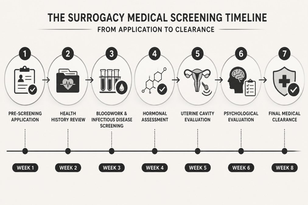 Seven-stage timeline of surrogacy medical screenings from initial application to final clearance.