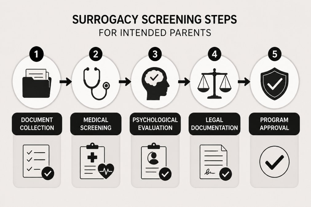 Flowchart showing the screening steps for Intended Parents: document collection, medical screening, psychological evaluation, legal documentation, program approval
