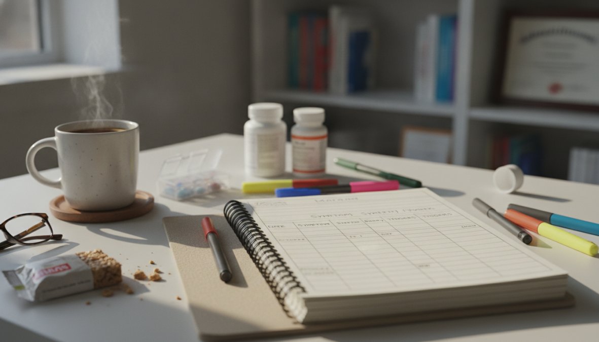 Person writing in a health journal with a cup of coffee nearby, documenting symptoms and wellness notes at a home desk with natural window lighting