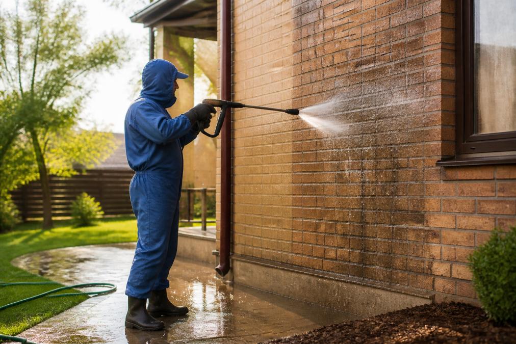 A professional cleaner in protective gear using a high-pressure washer on a residential brick wall, with clean water runoff visible and a garden hose nearby, sunny suburban setting