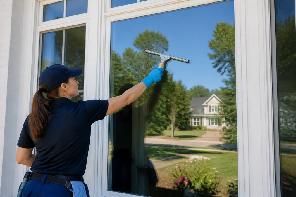 A professional cleaner wiping spotless windows with a squeegee, showing crystal-clear glass reflecting sunlight and the surrounding landscape perfectly