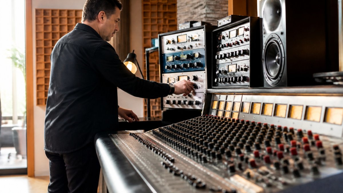 Mastering engineer adjusting EQ and compression for preparing podcast masters for physical media release