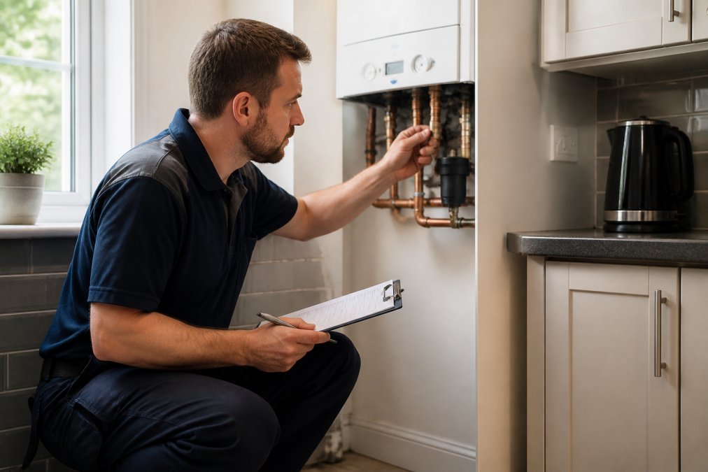 Professional Gas Safe registered engineer in uniform inspecting a boiler and gas pipework in a residential kitchen, checking connections and taking detailed notes on a clipboard with natural window lighting