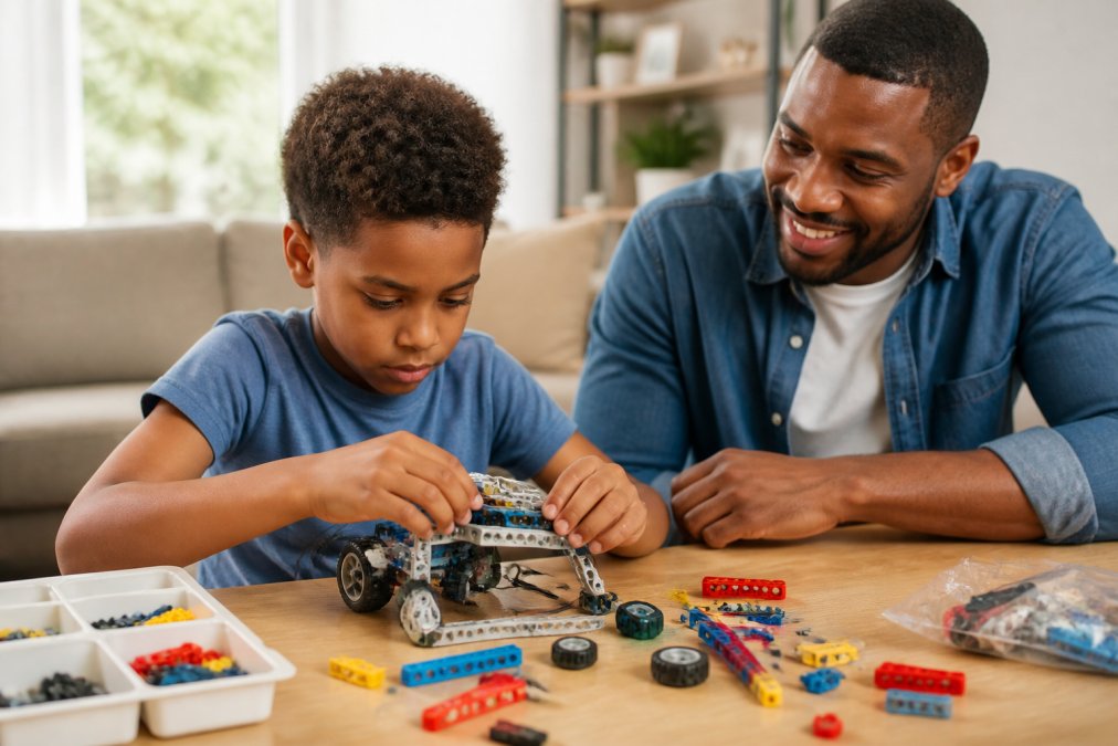A young child sitting at a table, concentrating while building a simple robot from a STEM kit, with colourful building pieces spread out and a parent watching nearby in a bright home setting