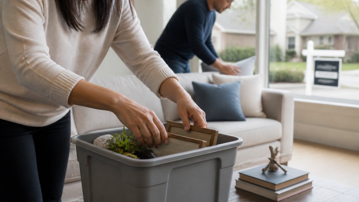 A couple in a bright, tidy living room quickly placing personal items into a storage bin, with a real estate agent's sign visible through the front window