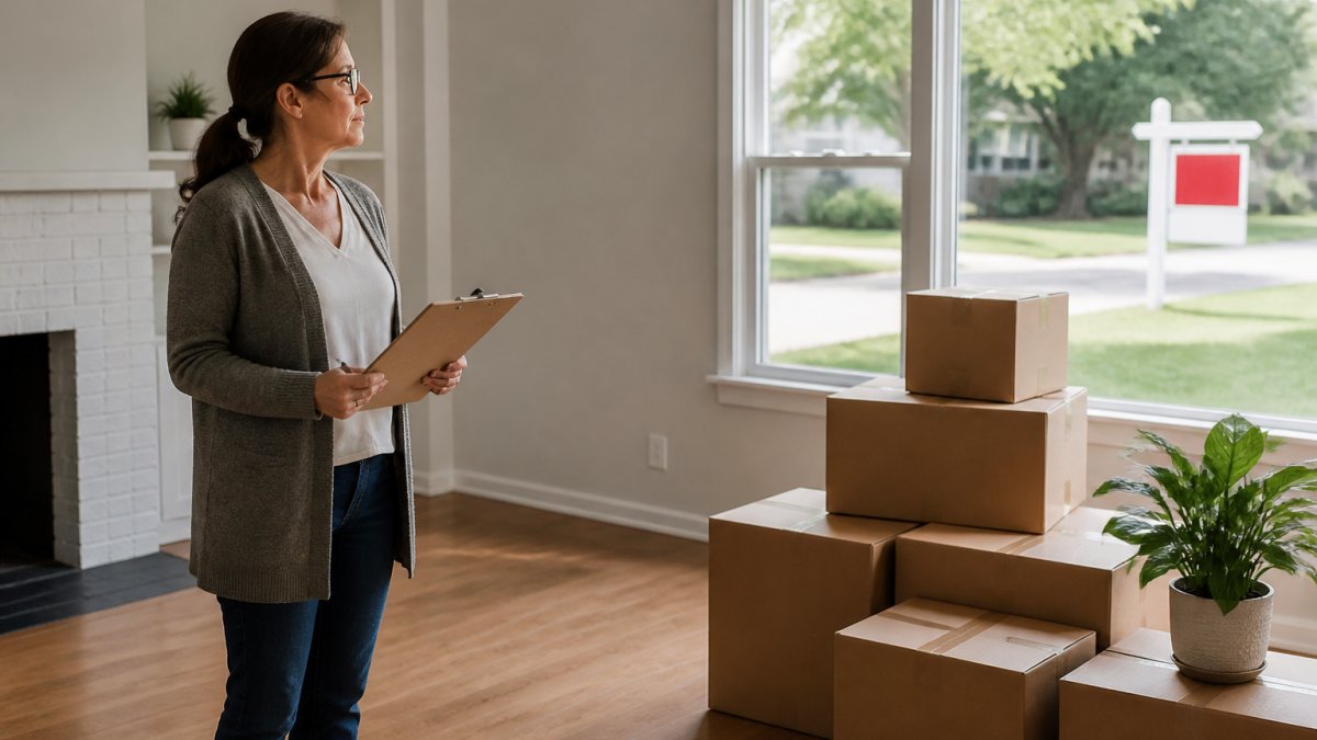 Woman with a clipboard organizing boxes while preparing house for sale during divorce in Kansas.