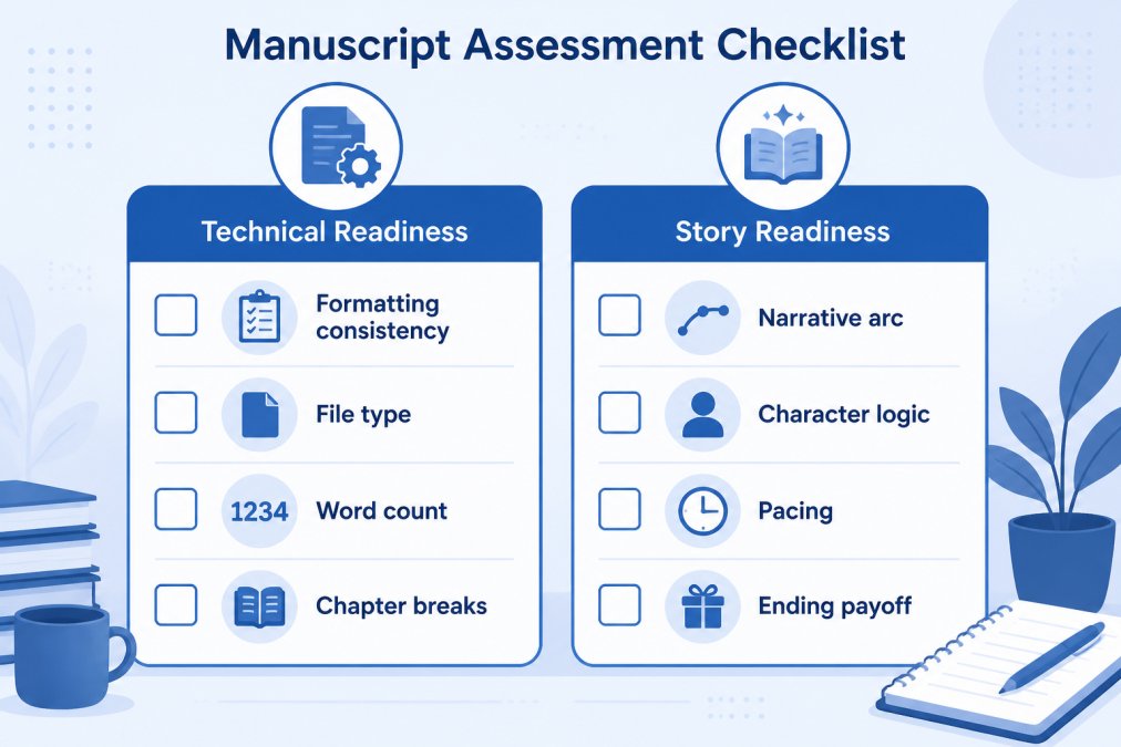Two-column checklist for evaluating manuscript technical readiness and story structure before coaching.