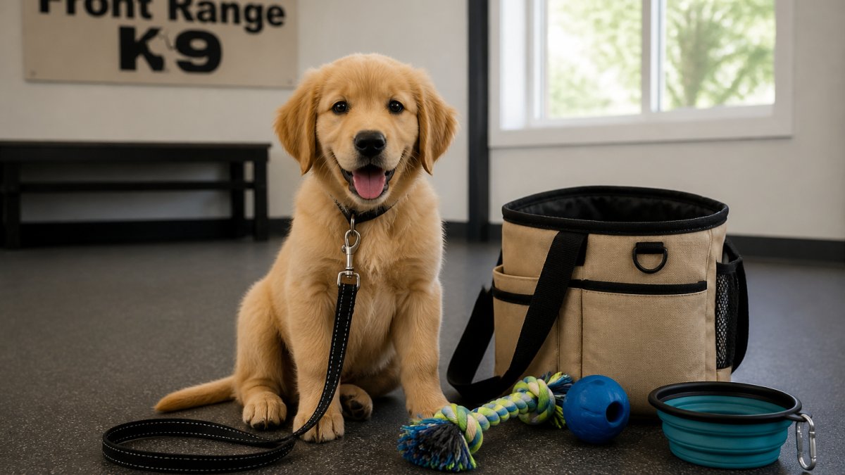 A young puppy sitting beside a small canvas training bag on a clean indoor floor, with a leash, a couple of toys, and a collapsible water bowl visible in soft natural light
