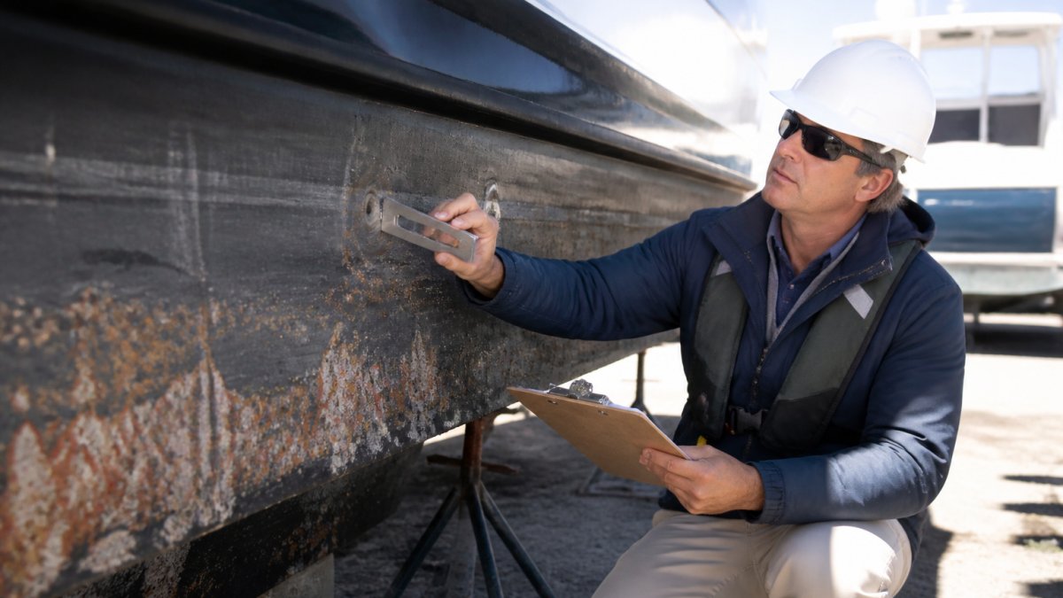 Professional marine surveyor in safety gear examining yacht hull with measuring tools and clipboard, documenting structural details and corrosion patterns in bright sunlight