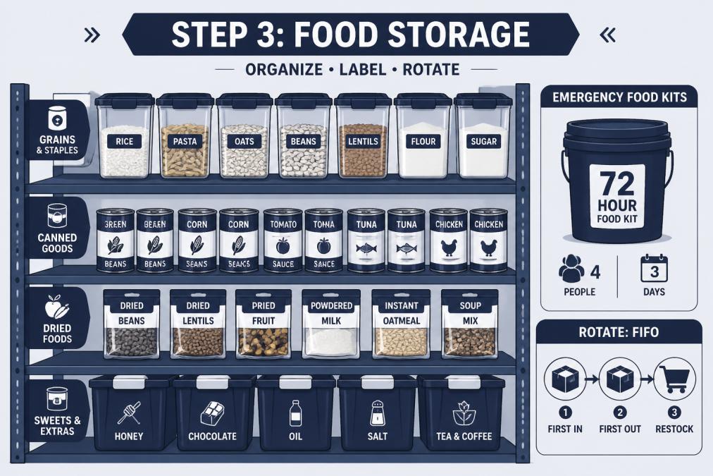 Well-organized pantry or storage shelf with labeled containers of shelf-stable foods, canned goods, and emergency food kits neatly arranged by category, with clear labeling and organized rotation system