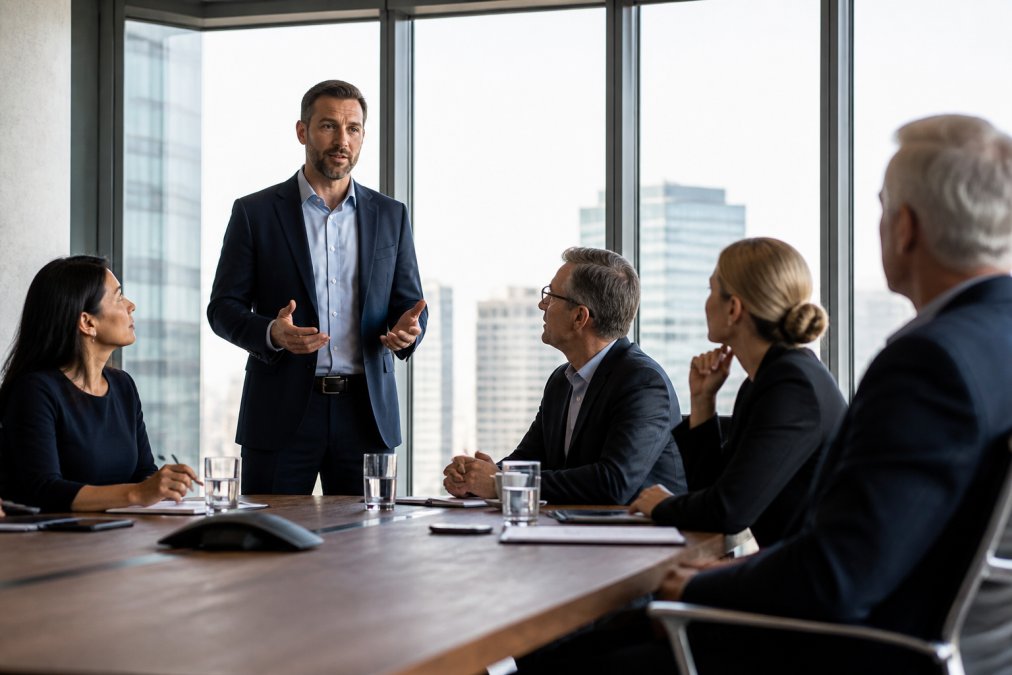 A confident business professional standing at the front of a modern conference room, making eye contact with a small group of senior executives seated around a sleek table, natural light coming through floor-to-ceiling windows