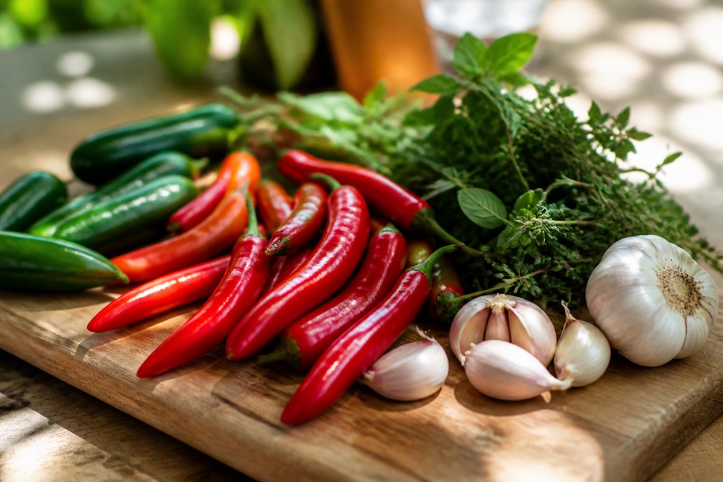 Close-up of fresh red and green chillies, garlic cloves, and fresh herbs arranged on a wooden chopping board with natural daylight streaming across the surface