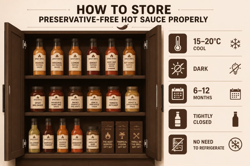 Open kitchen cupboard showing several glass jars of various chilli sauces and hot sauces arranged neatly on shelves in a cool, dark environment with minimal direct light