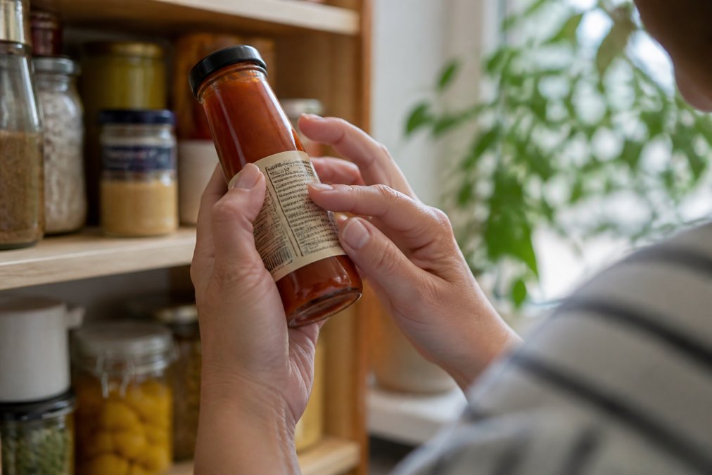 Close-up of hands holding a hot sauce jar, carefully examining the ingredient label in natural kitchen lighting with pantry shelves softly blurred in the background