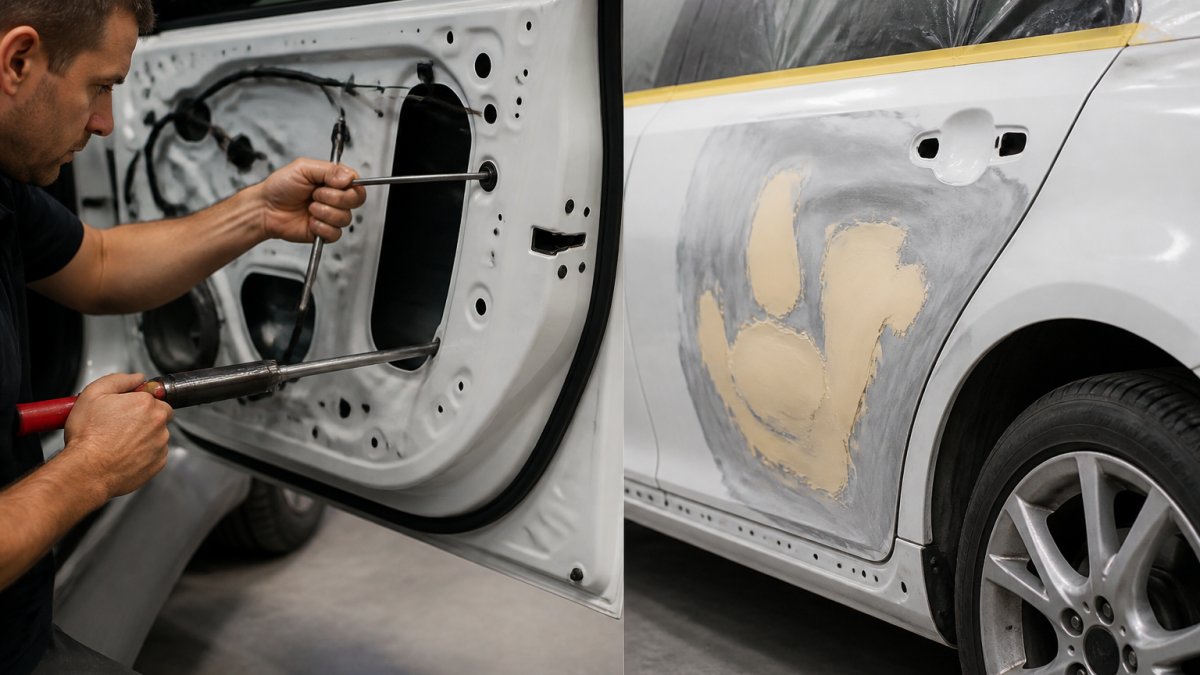 Technician using specialized metal rods and precision tools to perform paintless dent repair from behind a vehicle door panel, demonstrating the careful technique with concentrated focus
