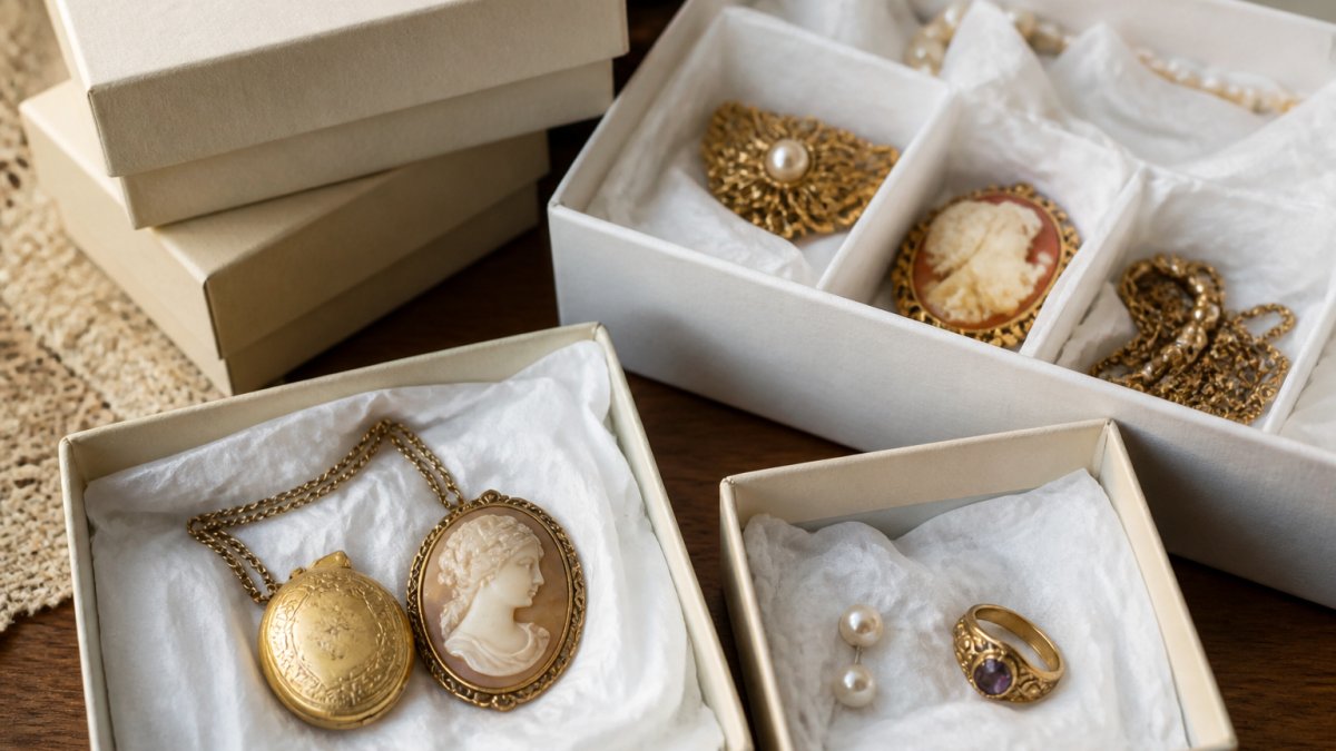 Close-up of vintage heirloom jewelry pieces carefully arranged in acid-free archival storage boxes with soft tissue paper, showing proper organization and protection methods in controlled indoor lighting