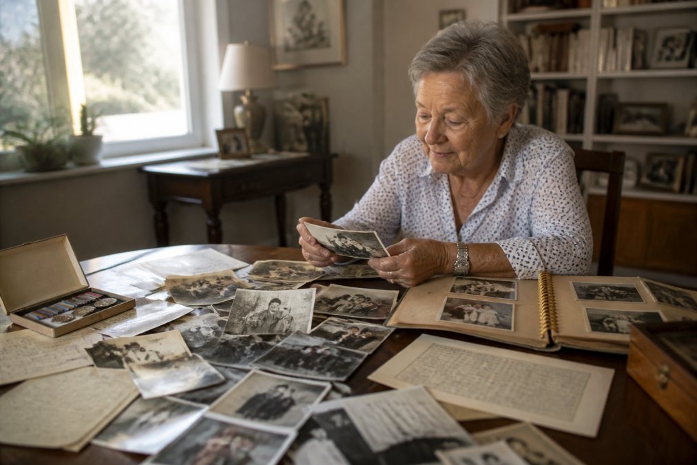 Older adult sitting at a table surrounded by old family photographs, letters, documents and memorabilia from the 1950s-1980s, carefully sorting through memories with natural afternoon light streaming through a window