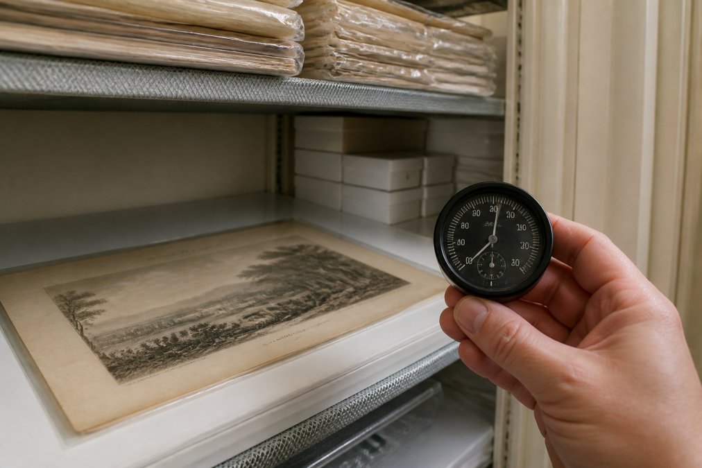 Close-up of a hand holding a humidity metre beside a vintage lithograph print stored in a climate-controlled interior closet with soft lighting