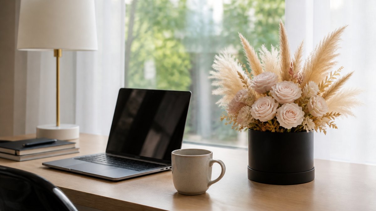 A bright home office desk with a laptop, a ceramic coffee mug, and a preserved flower box of pampas and eternal roses beside the monitor, soft window light behind