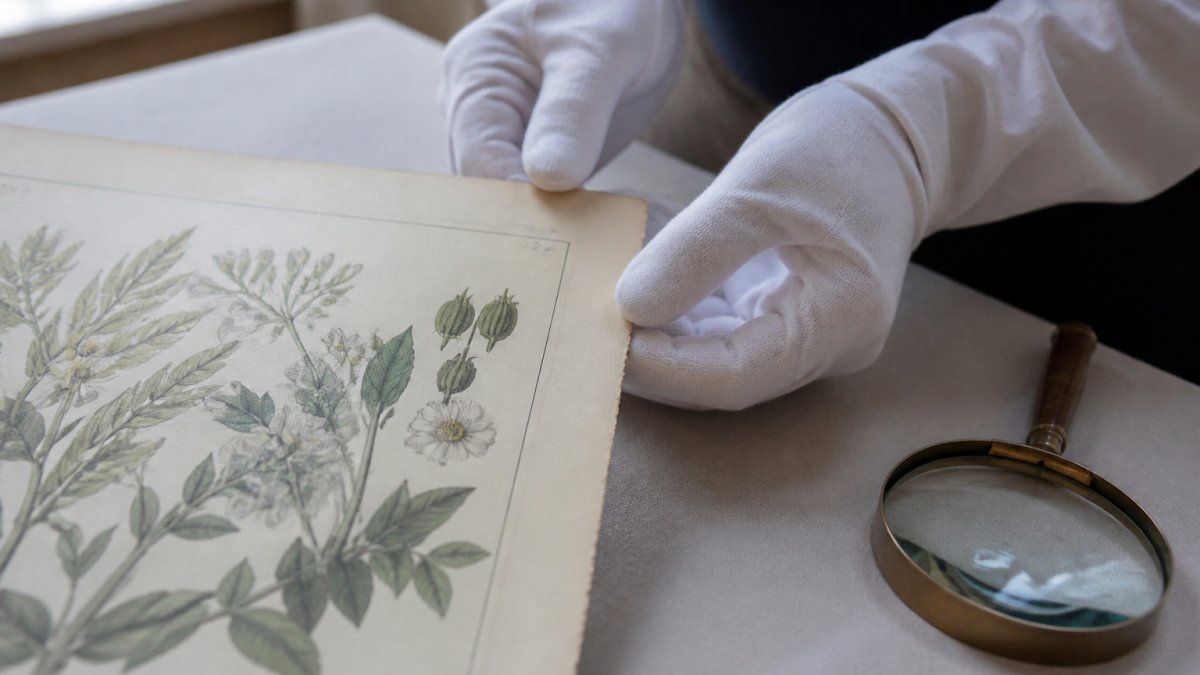 Close-up of hands in white cotton gloves carefully examining the edge of an antique botanical engraving on a clean desk under soft daylight, with a magnifying glass nearby