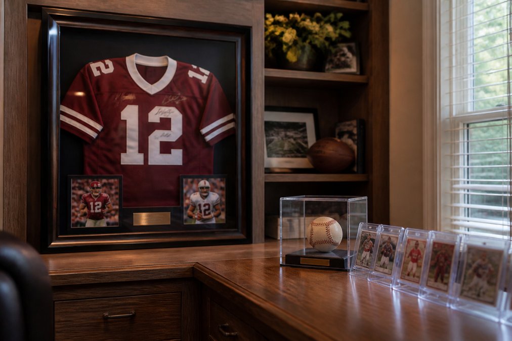 A well-lit home office shelf displaying a framed signed football jersey in a shadow box, with a glass display case holding a vintage baseball and a row of sports cards in protective sleeves on a wooden desk nearby