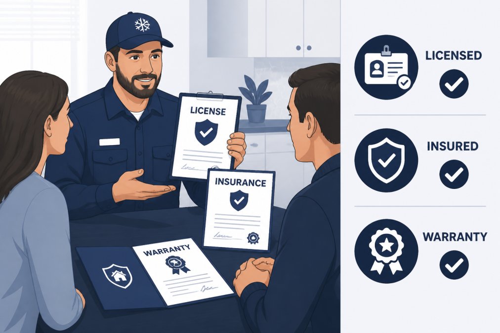 Professional HVAC technician in uniform presenting licensing documentation and insurance certificates to homeowner at kitchen table, with warranty paperwork visible and confident professional demeanor