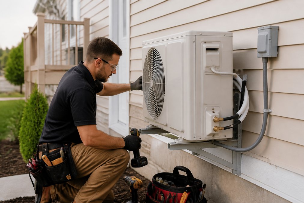 Licensed HVAC technician in safety gear installing modern central air conditioning outdoor unit on residential home exterior wall, with proper equipment and professional installation setup visible