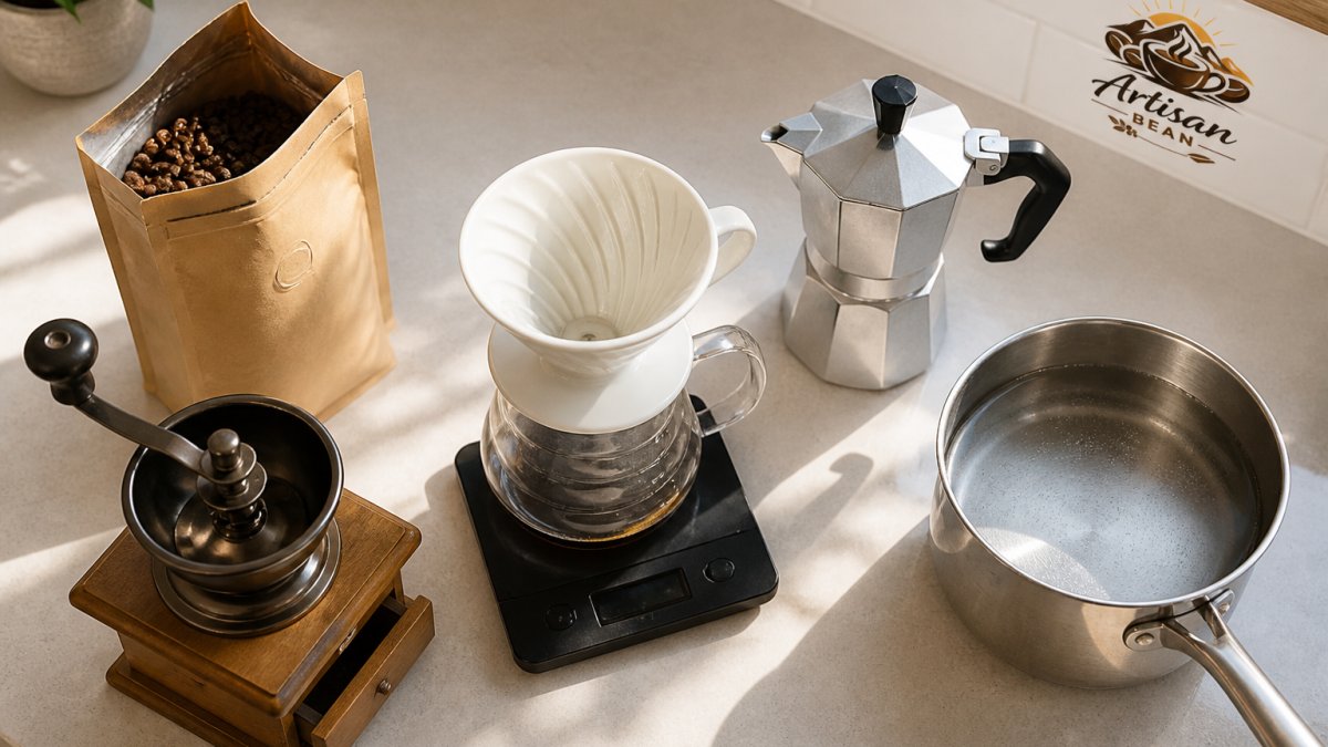 Overhead shot of a kitchen counter with a pour-over cone, a moka pot, and a saucepan of water, with a bag of whole coffee beans and a hand grinder nearby, morning light streaming in
