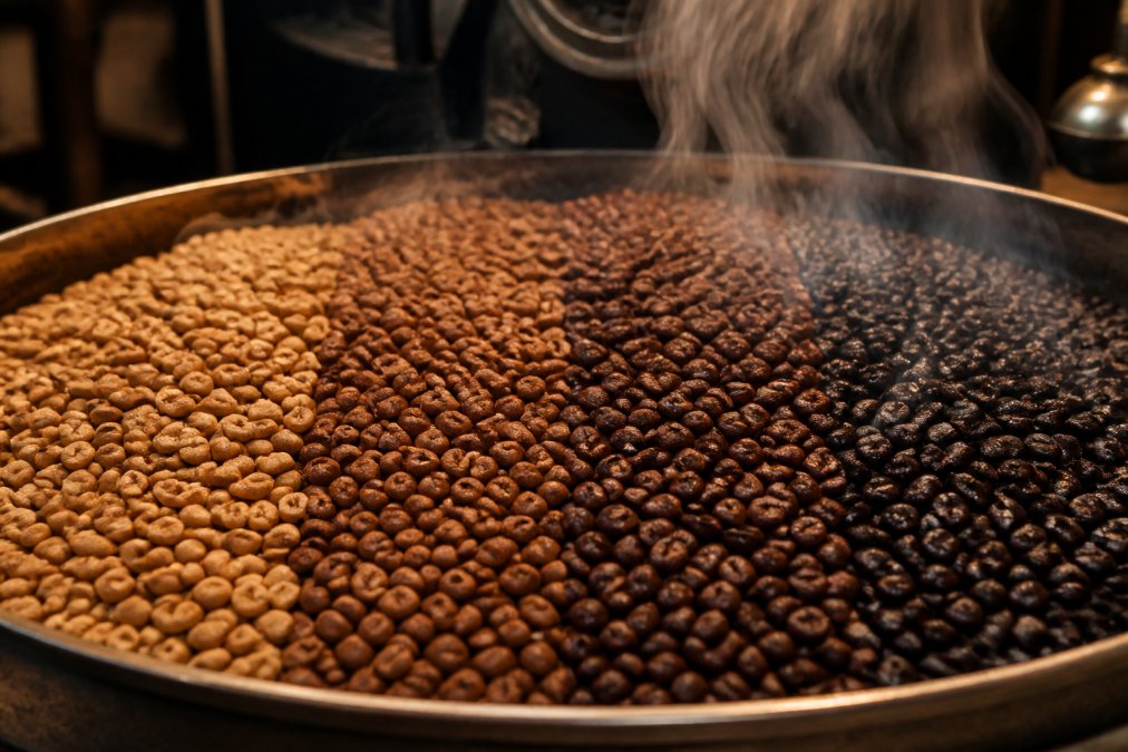 Close-up of freshly roasted coffee beans in different roast levels arranged side by side, with steam rising and warm golden lighting highlighting the color progression from light to dark brown
