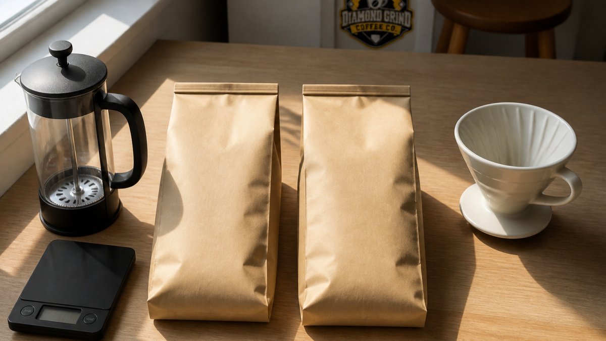 Overhead shot of two unmarked coffee bags side by side on a light wood kitchen counter, with a French press, a ceramic pour-over dripper, and a small digital scale arranged nearby in soft morning window light