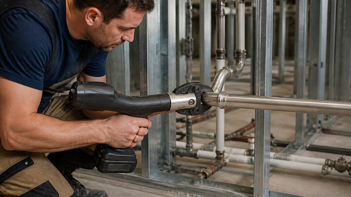 Step-by-step diagram illustrating the press-fit plumbing installation process on stainless steel pipes