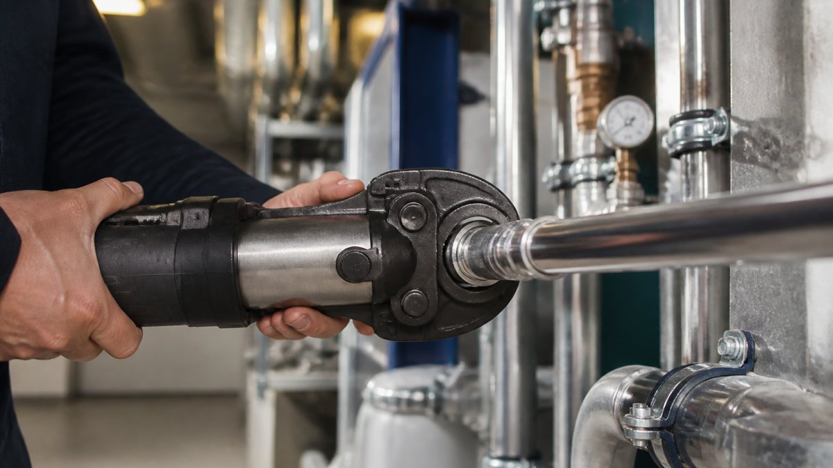 Professional plumber's hands using a hydraulic press tool to compress a stainless steel M profile fitting onto prepared copper pipe in a commercial mechanical room with bright overhead lighting