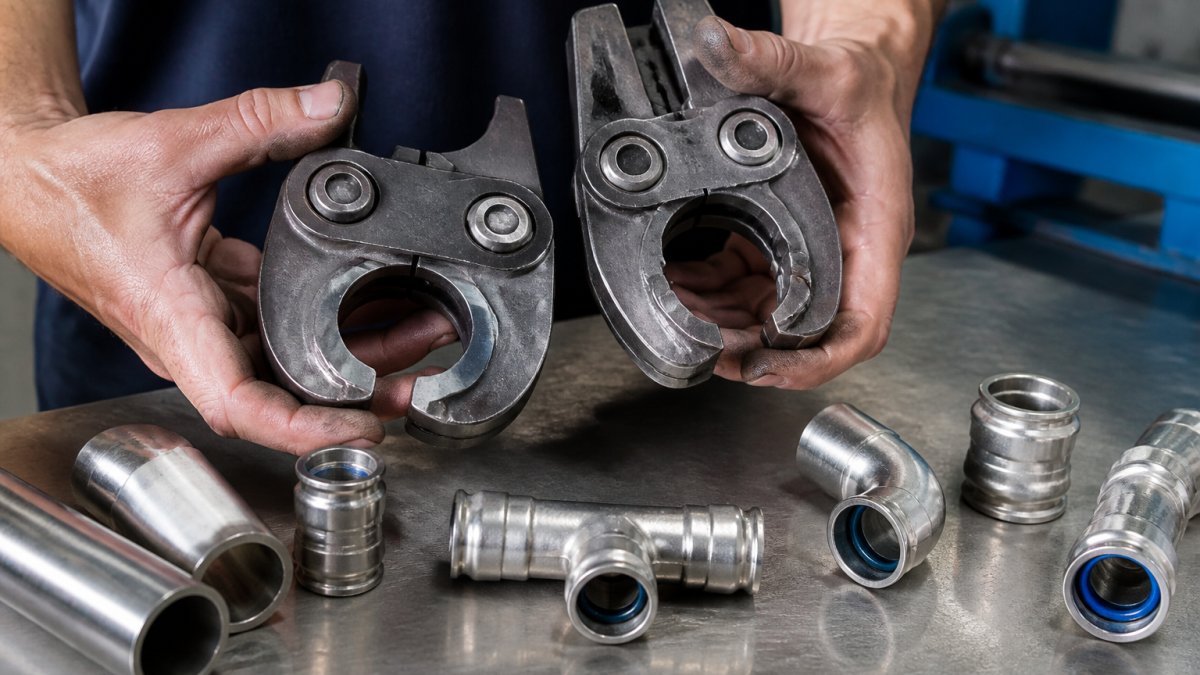 Comparison diagram of U-profile and M-profile press tool jaws for plumbing fittings on a workbench