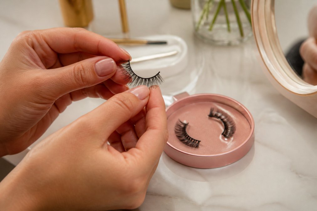 Close-up of a woman's hands holding a press-on lash band next to a magnetic lash set with tiny magnets visible, on a clean makeup vanity with soft natural lighting
