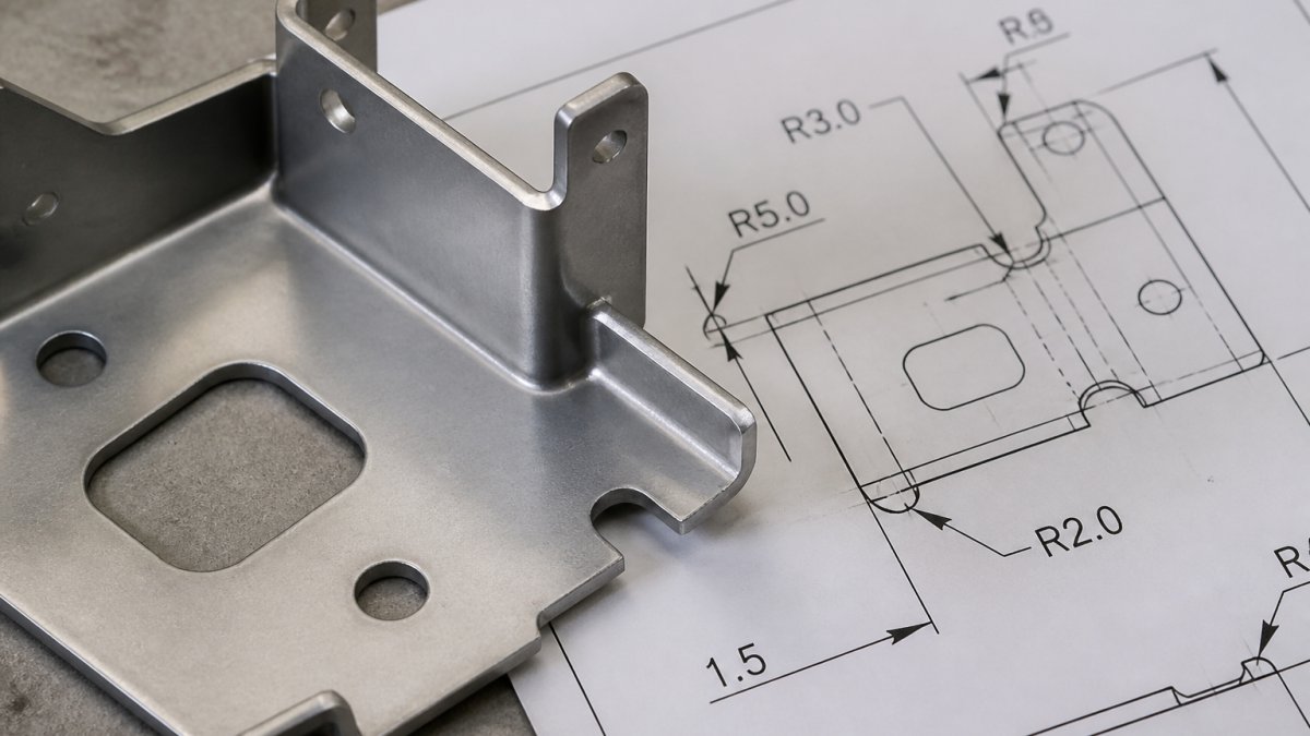 Diagram illustrating bend radii, corner reliefs, and flange design for metal components
