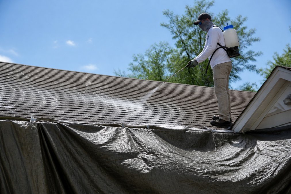 Professional technician in safety gear applying low-pressure soft wash solution to residential asphalt shingle roof using handheld sprayer, with protective tarp visible below, clear sunny afternoon lighting