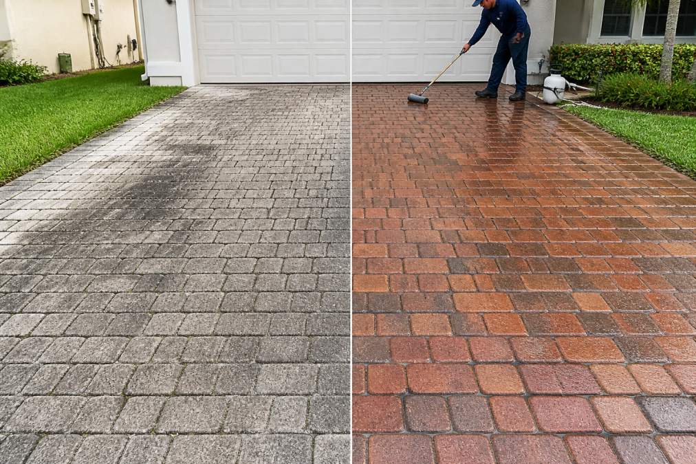 Before-and-after split-screen showing weathered gray paver driveway transforming to rich, sealed surface with restored color and glossy finish, technician in background applying sealant with professional equipment