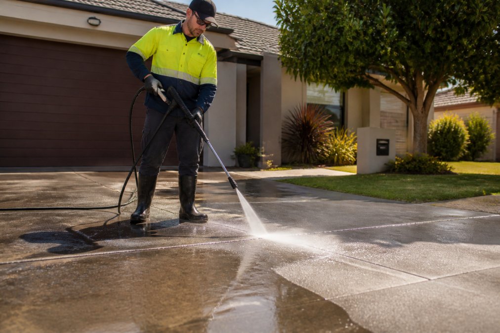Contractor using a high-pressure cleaner on a concrete driveway to help determine pressure cleaning cost