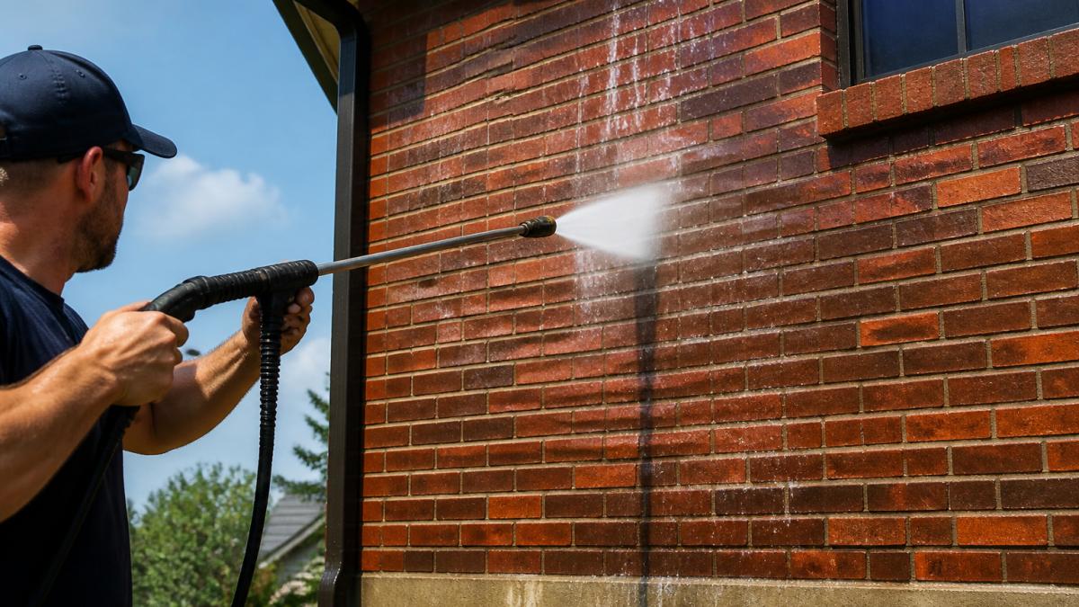 Professional operator holding pressure washer wand at correct angle against brick facade, demonstrating proper spray distance and steady technique on exterior wall with water flowing downward